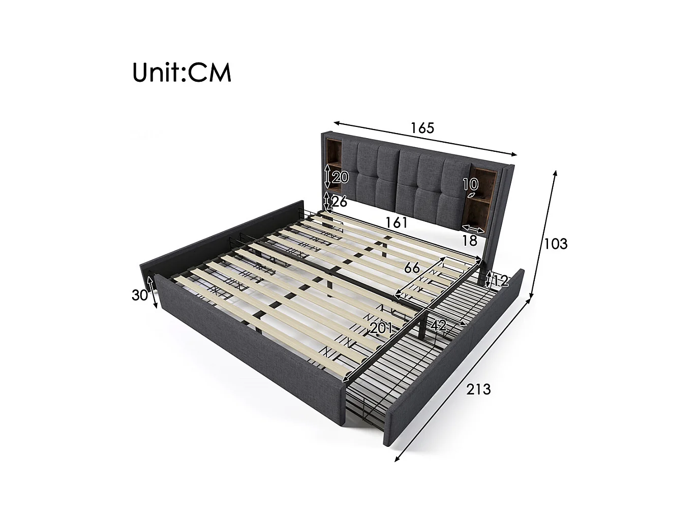 Tweepersoonsbed 160x200cm, gestoffeerd bedframe met lattenbodem, draadloos opladen via USB C en 4 lades, grijs linnen, zonder matras