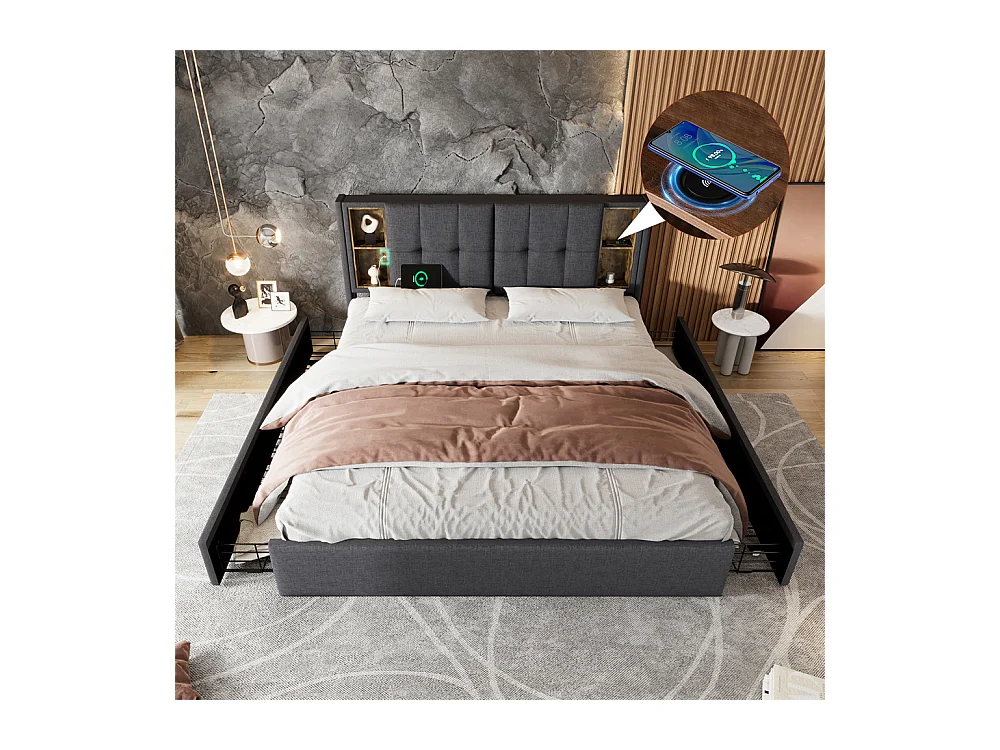 Tweepersoonsbed 160x200cm, gestoffeerd bedframe met lattenbodem, draadloos opladen via USB C en 4 lades, grijs linnen, zonder matras