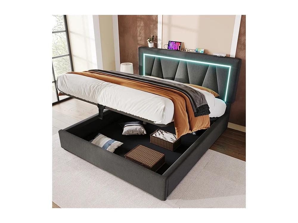 160x200 cm opbergbed gestoffeerd bed led-verlichting bed met usb type c oplaadfunctie tweepersoonsbed grijs linnen