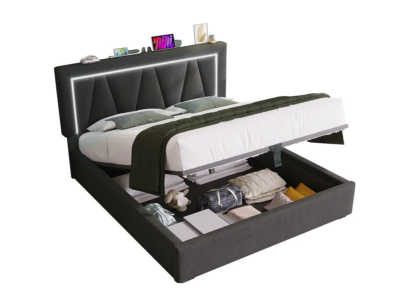 160x200 cm opbergbed gestoffeerd bed led-verlichting bed met usb type c oplaadfunctie tweepersoonsbed grijs linnen