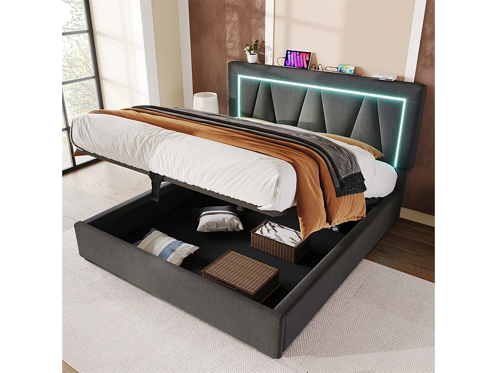 160x200 cm opbergbed gestoffeerd bed led-verlichting bed met usb type c oplaadfunctie tweepersoonsbed grijs linnen