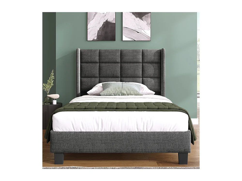 Volwassen bed 90x200 cm bed gestoffeerd bed lattenbodem bed Eenpersoons grijs linnen