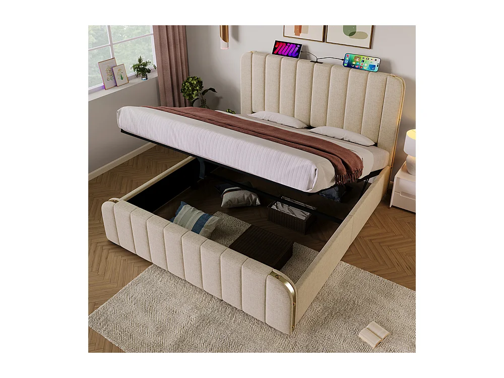 Volwassen bed met opbergruimte 160x200 cm, opbergbed, hydraulisch gestoffeerd bed, USB type-C oplaadfunctie, tweepersoonsbed, beige linnen