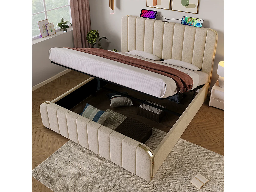 Volwassen bed met opbergruimte 160x200 cm, opbergbed, hydraulisch gestoffeerd bed, USB type-C oplaadfunctie, tweepersoonsbed, beige linnen