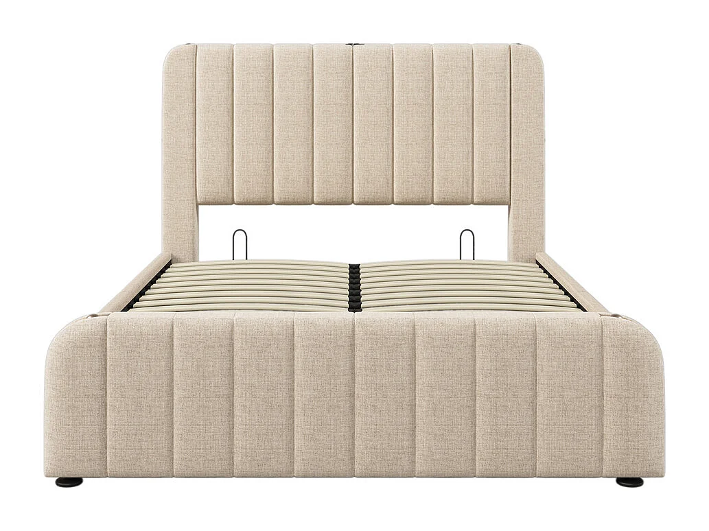 Volwassen bed met opbergruimte 160x200 cm, opbergbed, hydraulisch gestoffeerd bed, USB type-C oplaadfunctie, tweepersoonsbed, beige linnen