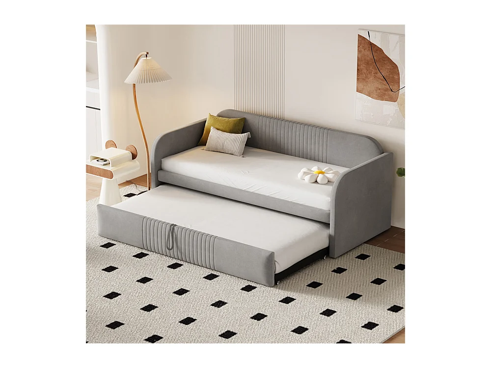 Volwassen bed 90/180x190 cm gestoffeerd bed met lattenbodem Eenpersoonsbed lichtgrijs linnen