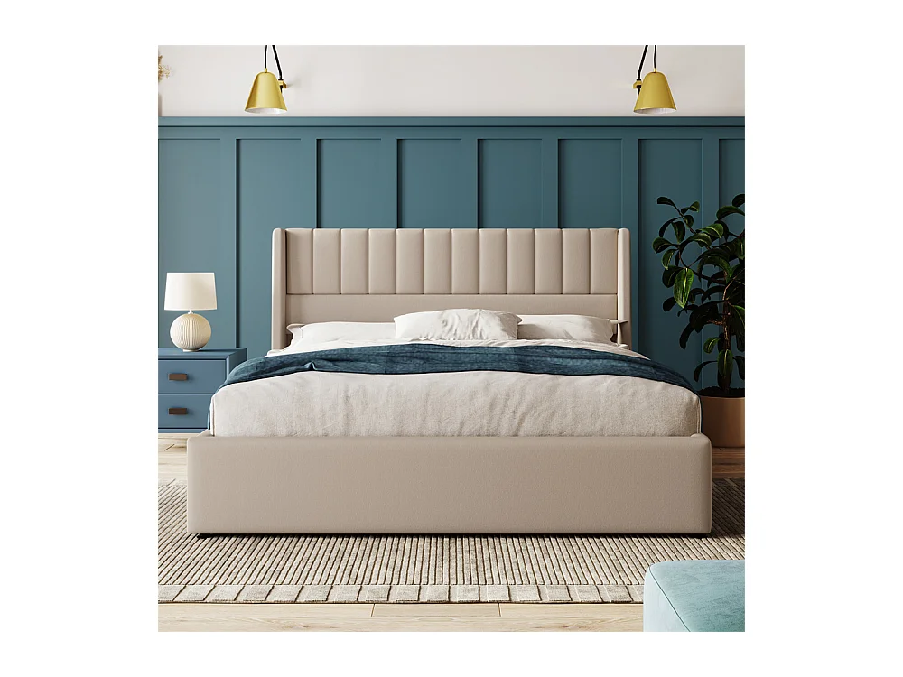 Tweepersoonsbed 160x200cm, hydraulisch gestoffeerd bed, opbergbed met houten lattenbodem, linnen, beige