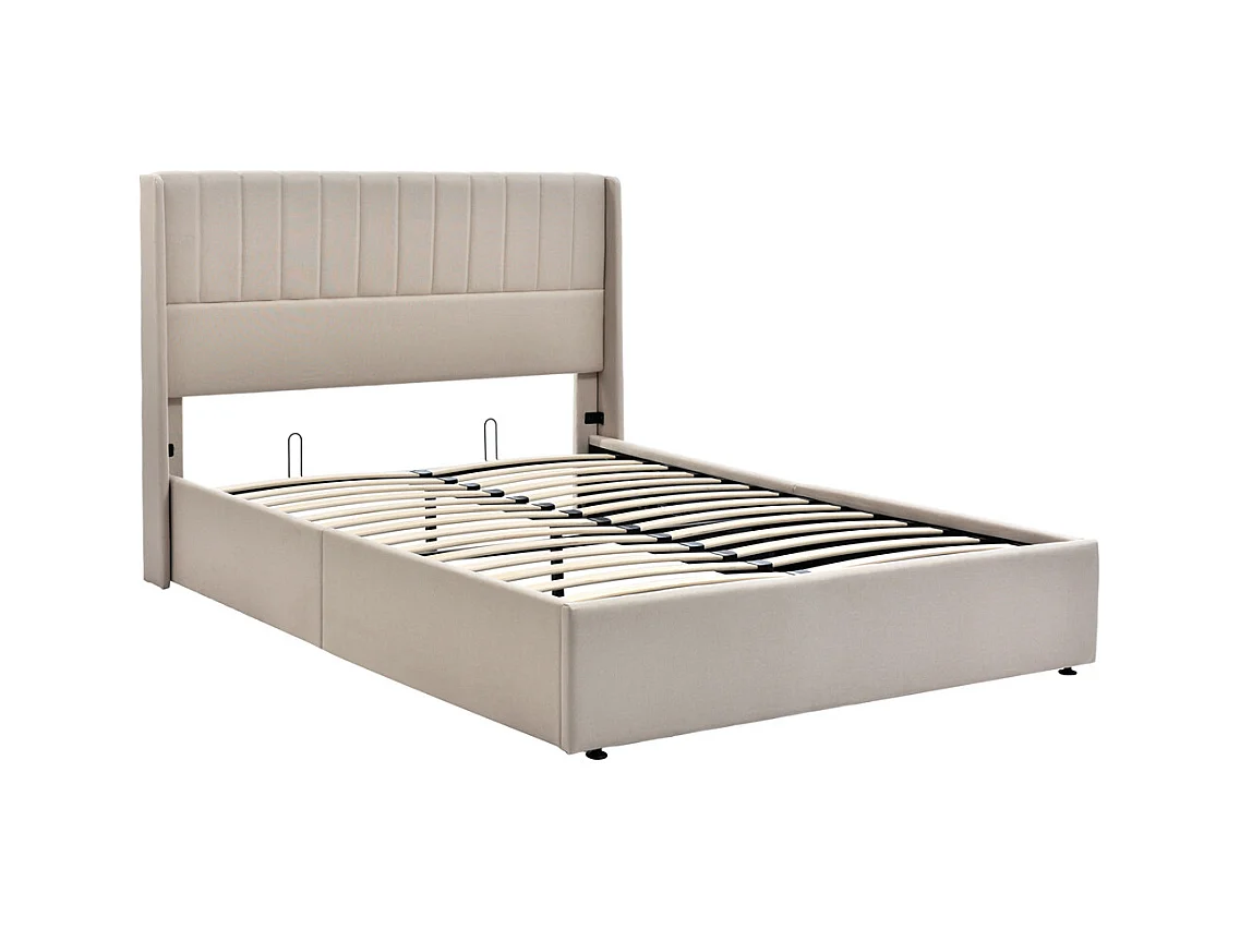 Tweepersoonsbed 160x200cm, hydraulisch gestoffeerd bed, opbergbed met houten lattenbodem, linnen, beige