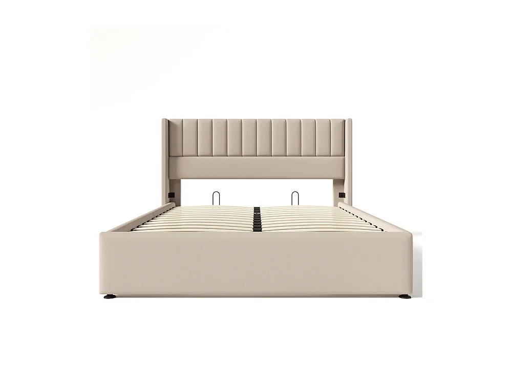 Tweepersoonsbed 160x200cm, hydraulisch gestoffeerd bed, opbergbed met houten lattenbodem, linnen, beige