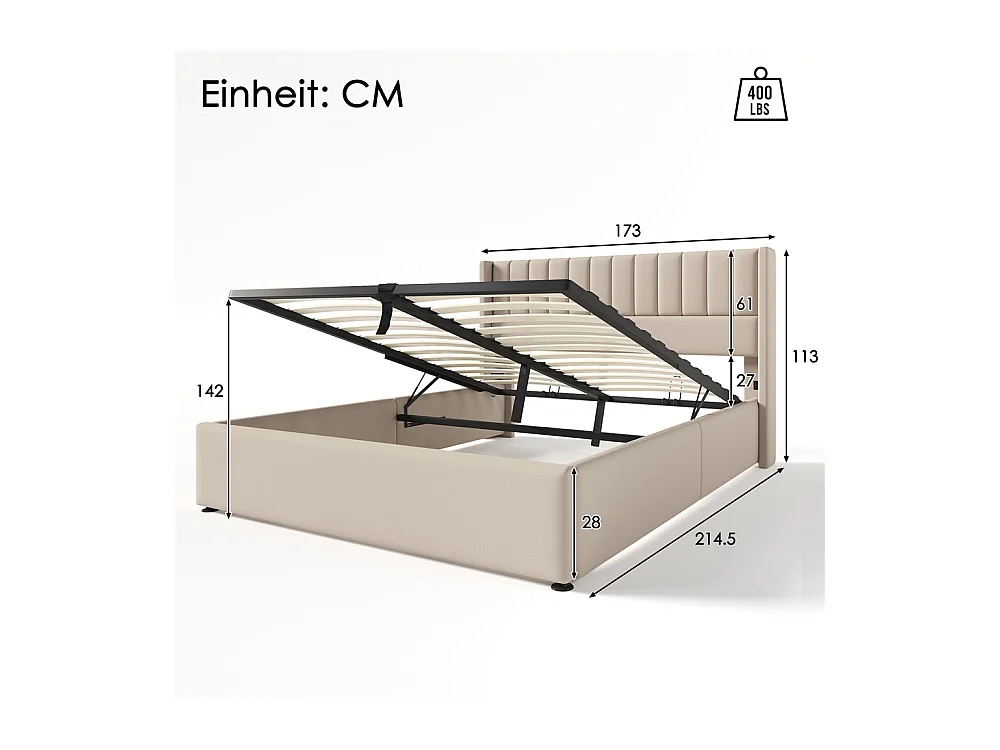 Tweepersoonsbed 160x200cm, hydraulisch gestoffeerd bed, opbergbed met houten lattenbodem, linnen, beige