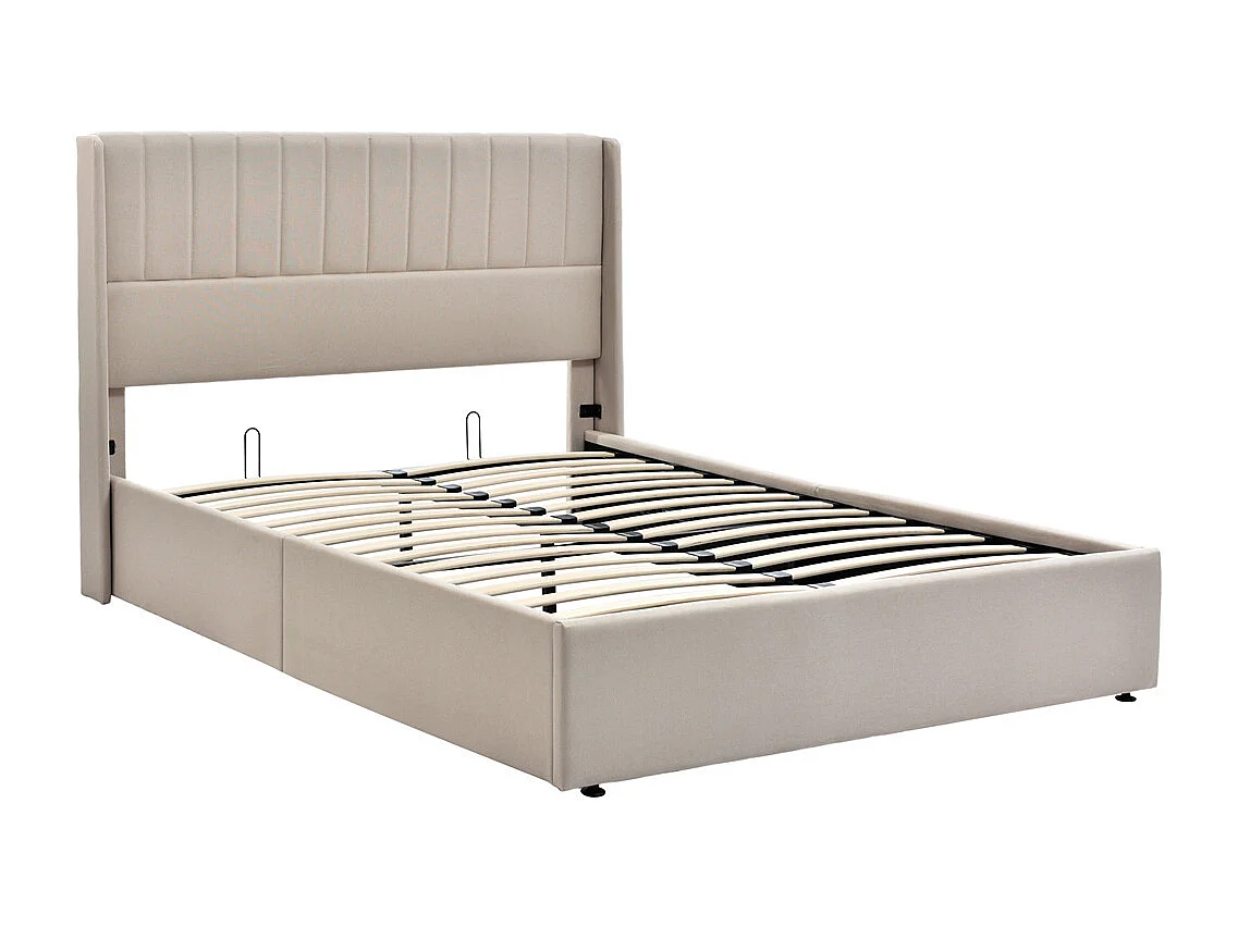 Tweepersoonsbed 160x200cm, hydraulisch gestoffeerd bed, opbergbed met houten lattenbodem, linnen, beige