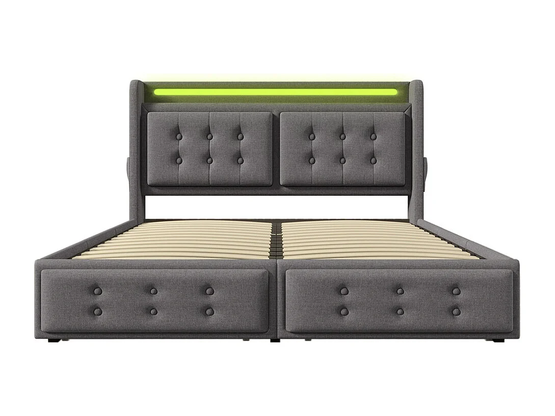 Volwassen bed 180x200 cm gestoffeerd bed 4 laden bed opbergbed met houten lattenbodem tweepersoonsbed katoen linnen grijs