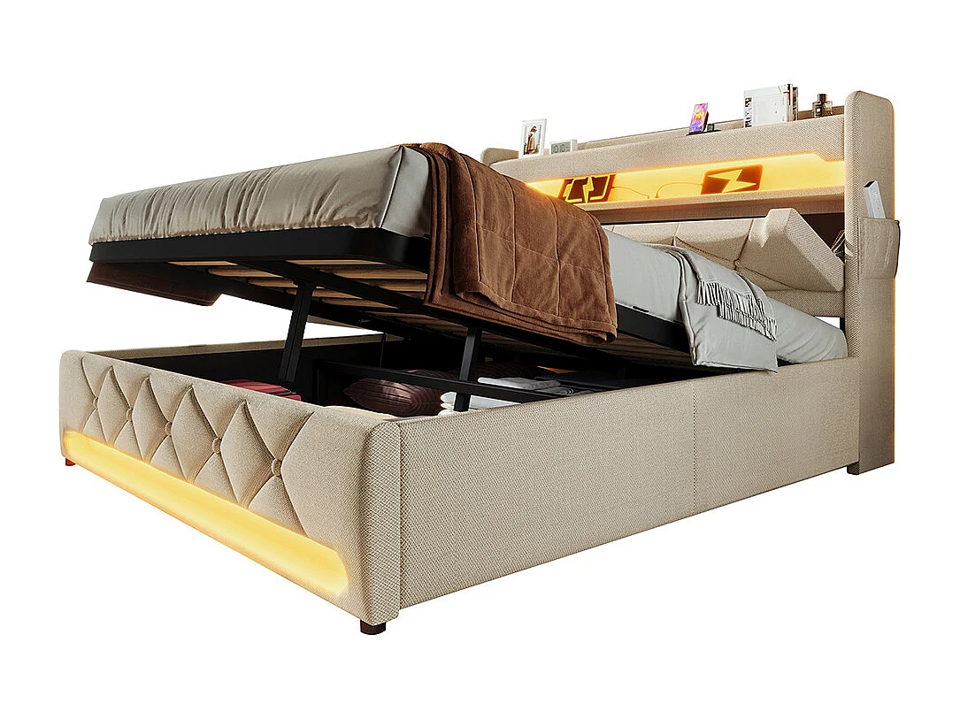Hydraulisch gestoffeerd bed 180x200cm, tweepersoonsbed, opbergruimte aan het hoofdeinde met USB- en Type C-aansluiting, linnen, beige, zonder matras