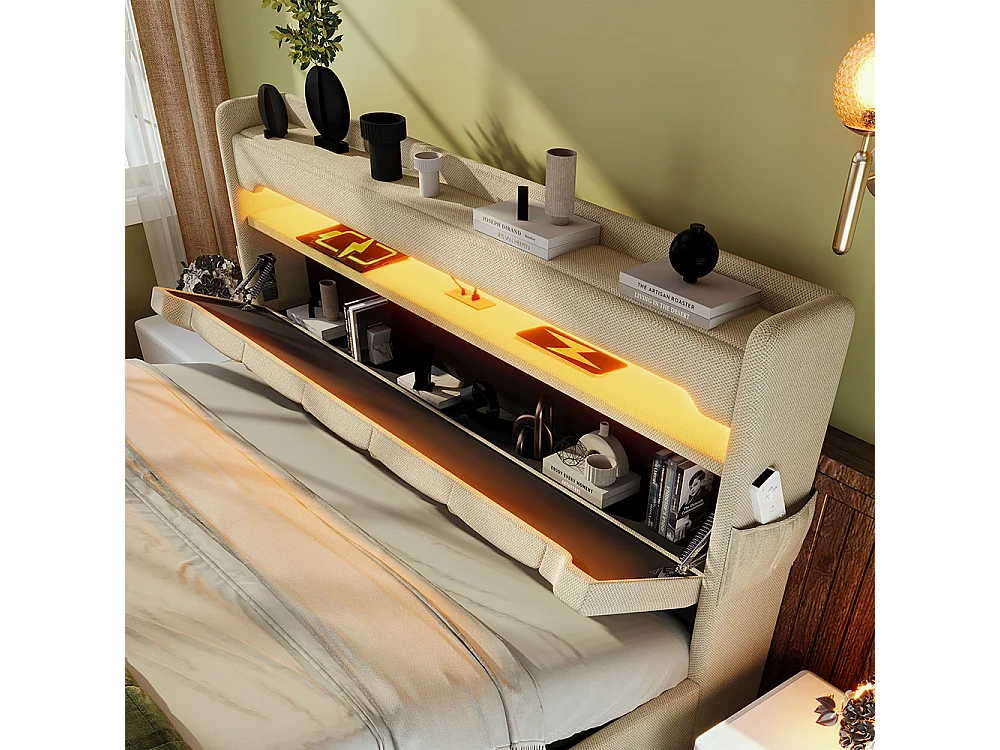 Hydraulisch gestoffeerd bed 180x200cm, tweepersoonsbed, opbergruimte aan het hoofdeinde met USB- en Type C-aansluiting, linnen, beige, zonder matras