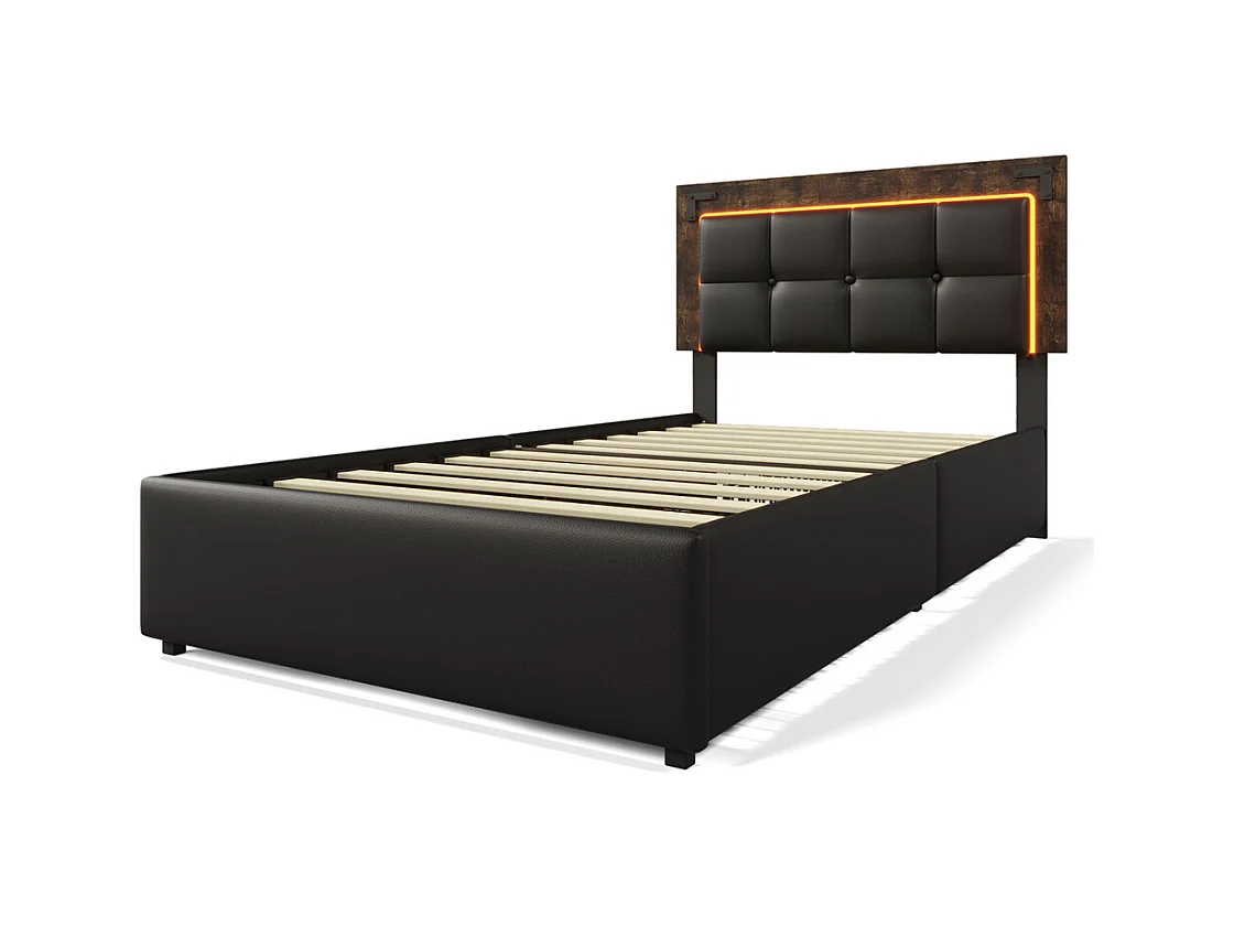 Lit adulte lit 90x200 cm lit rembourré avec bandeau lumineux led et 4 tiroirs Single pu noir