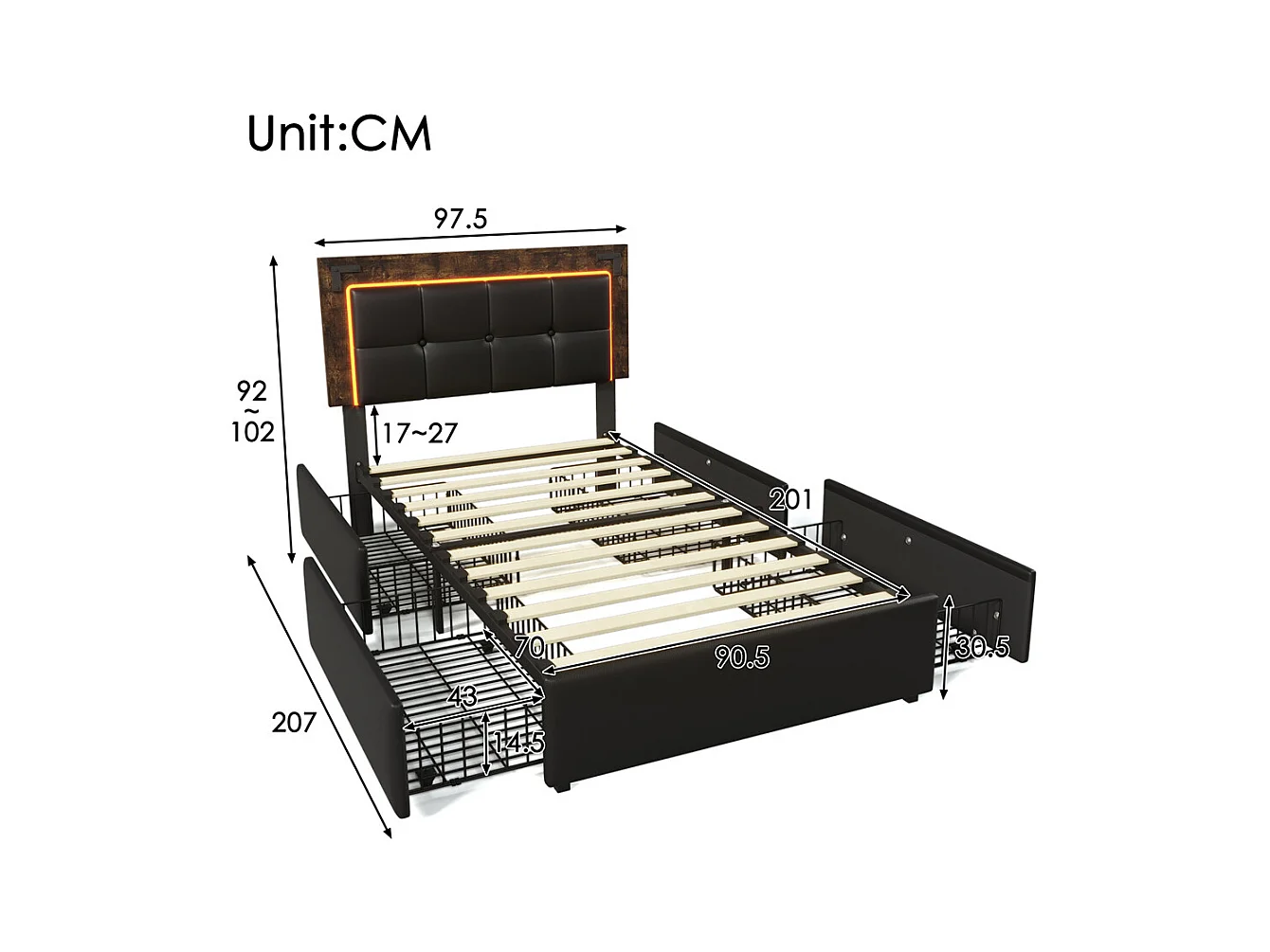 Lit adulte lit 90x200 cm lit rembourré avec bandeau lumineux led et 4 tiroirs Single pu noir
