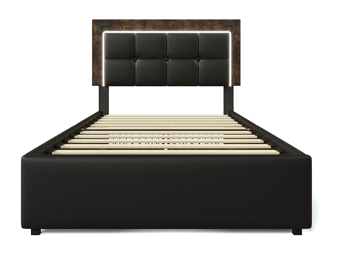 Lit adulte lit 90x200 cm lit rembourré avec bandeau lumineux led et 4 tiroirs Single pu noir