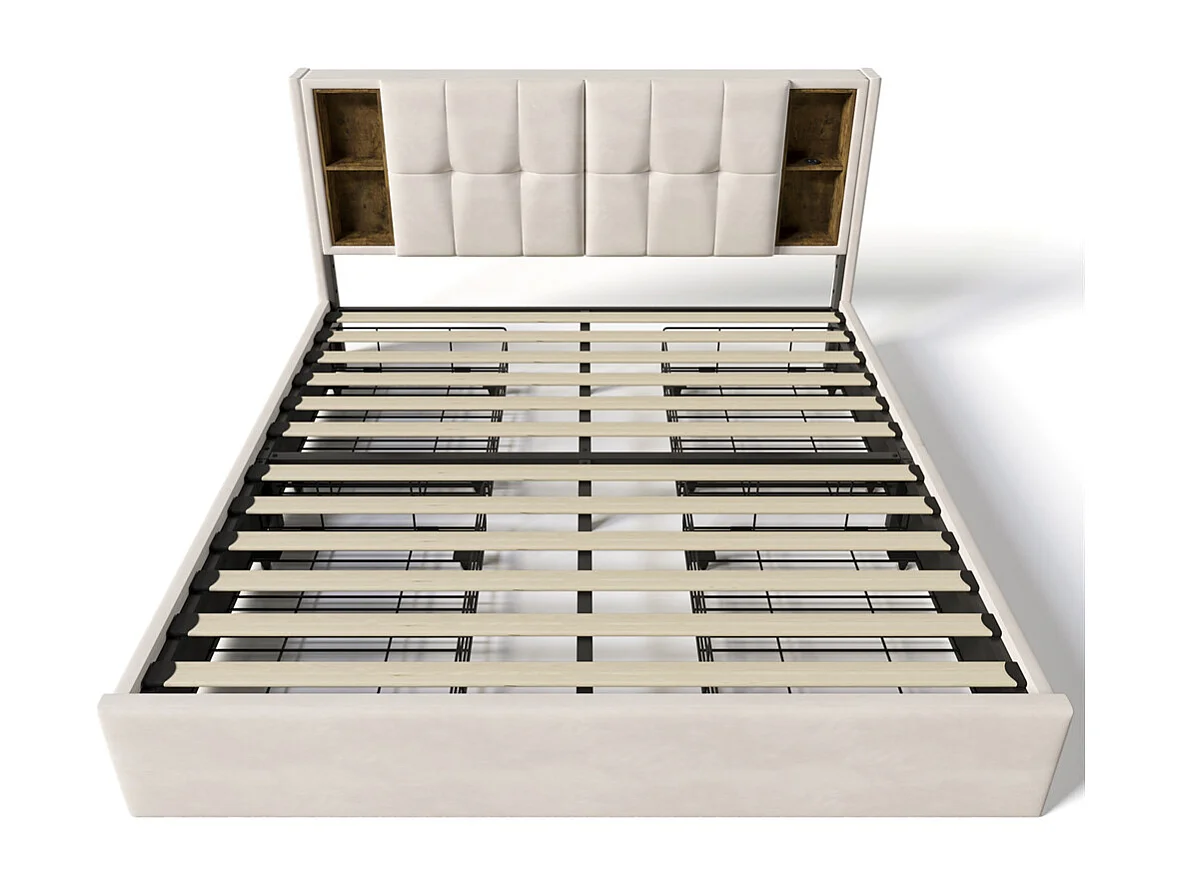 Lit rembourré 160x200 cm lit sommier à lattes en bois lit chargement sans fil usb c lit 4 tiroirs lit double velours beige