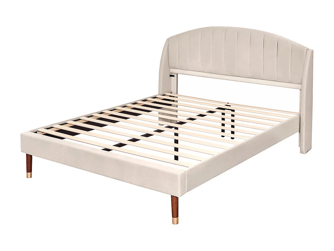 Volwassen bed houten lattenbodem bed 140x200 cm bed gestoffeerd bed Eenpersoonsbed beige fluweel