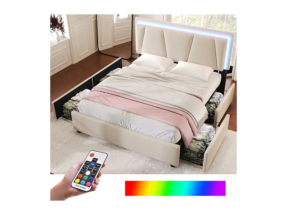 Gestoffeerd tweepersoonsbed 160x200cm met ledverlichting en 4 lades, in hoogte verstelbaar hoofdbord, lattenbodem, beige