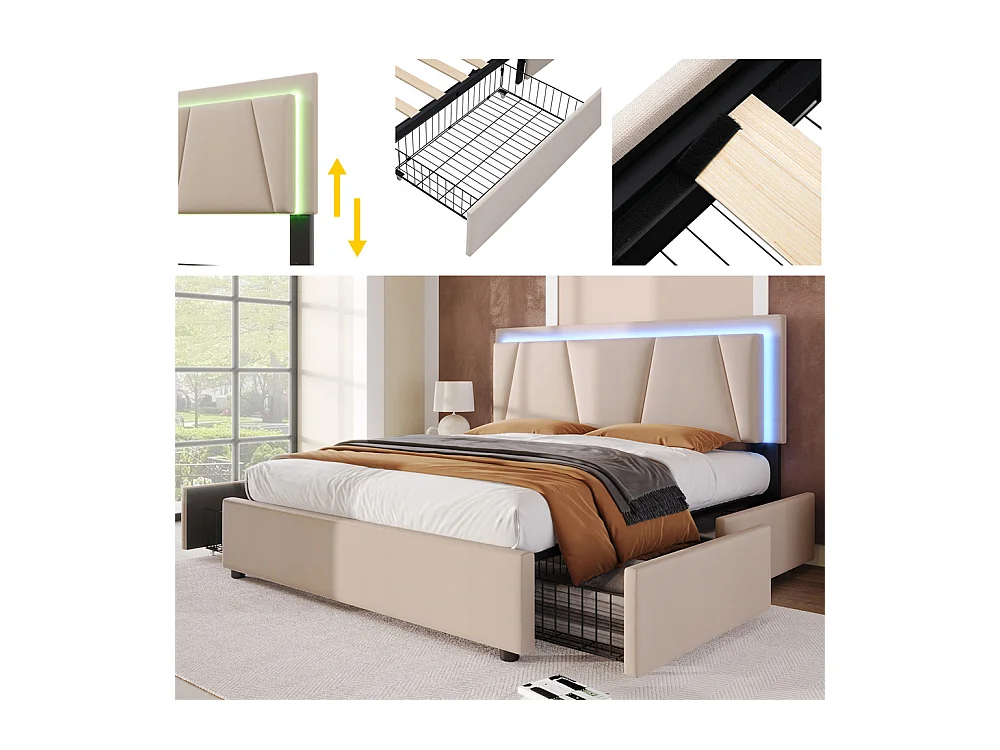 Gestoffeerd tweepersoonsbed 160x200cm met ledverlichting en 4 lades, in hoogte verstelbaar hoofdbord, lattenbodem, beige