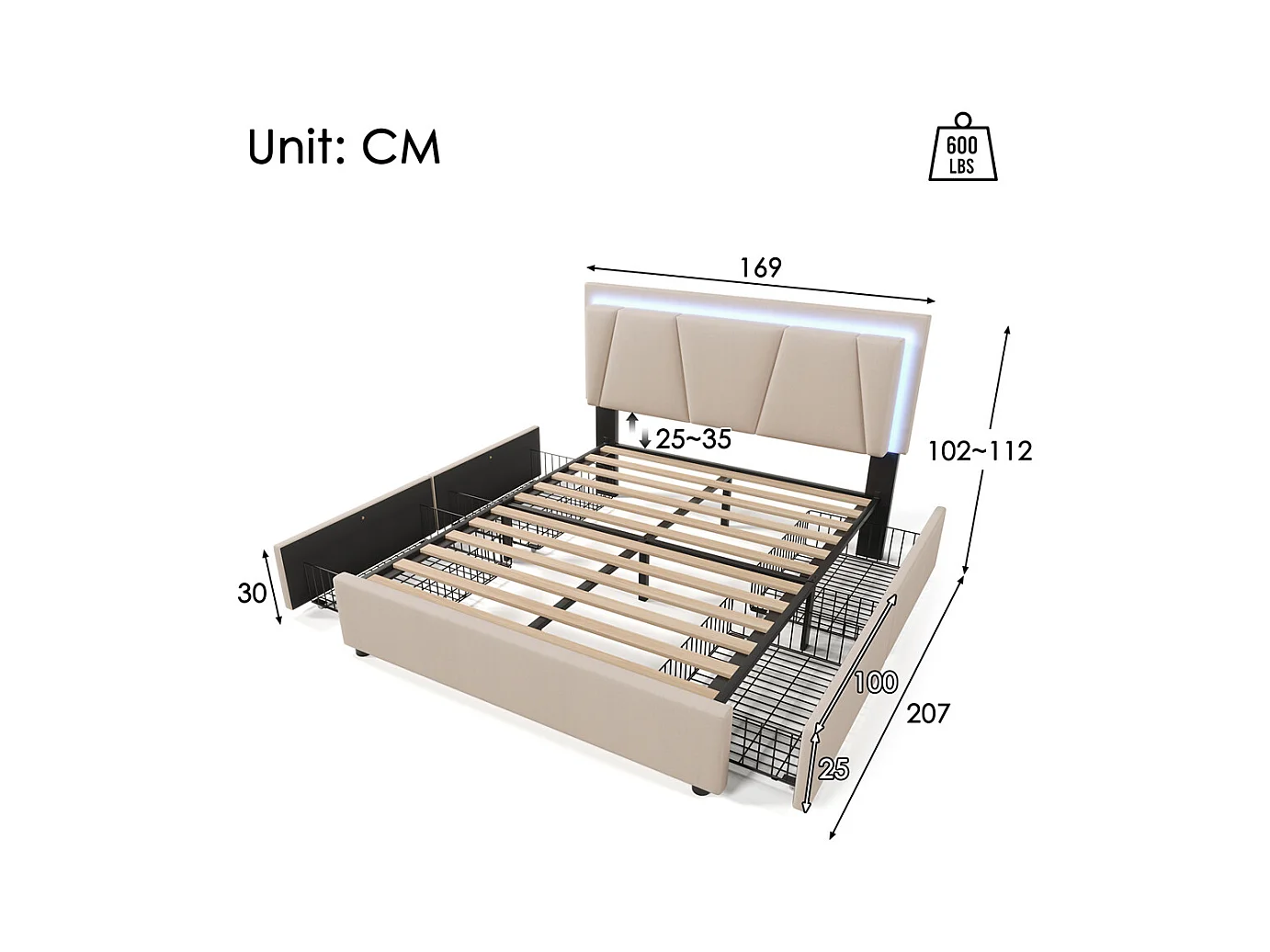 Gestoffeerd tweepersoonsbed 160x200cm met ledverlichting en 4 lades, in hoogte verstelbaar hoofdbord, lattenbodem, beige