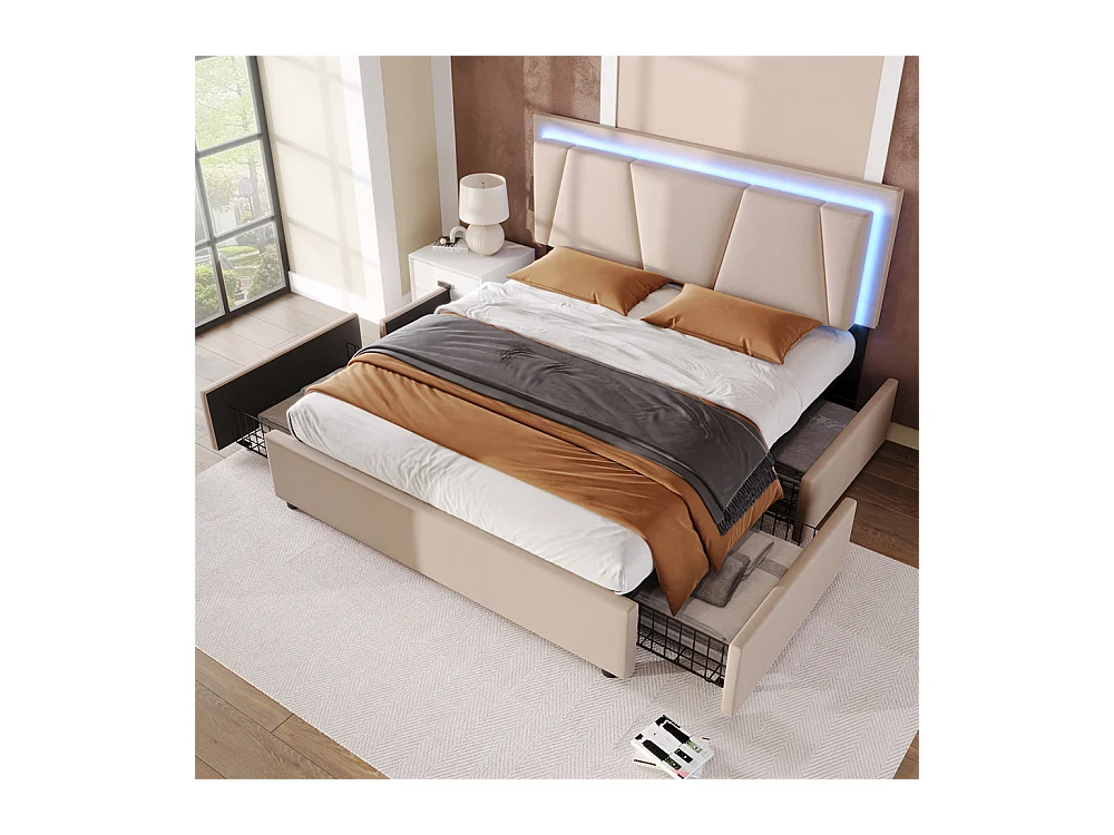 Gestoffeerd tweepersoonsbed 160x200cm met ledverlichting en 4 lades, in hoogte verstelbaar hoofdbord, lattenbodem, beige