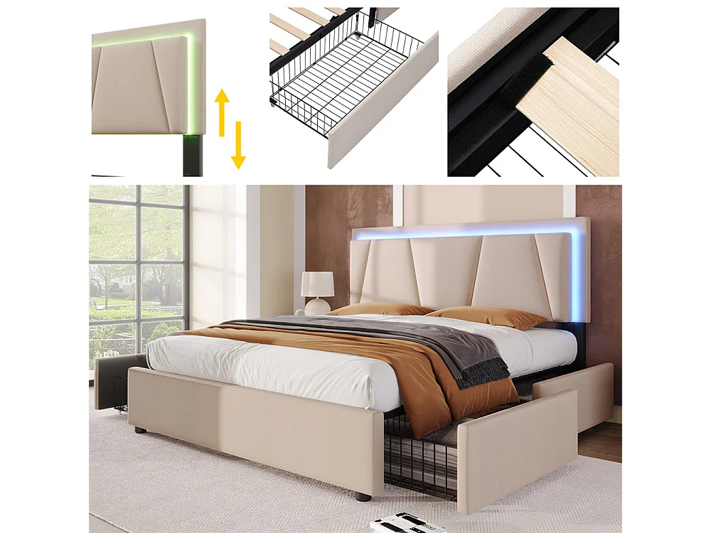 Gestoffeerd tweepersoonsbed 160x200cm met ledverlichting en 4 lades, in hoogte verstelbaar hoofdbord, lattenbodem, beige