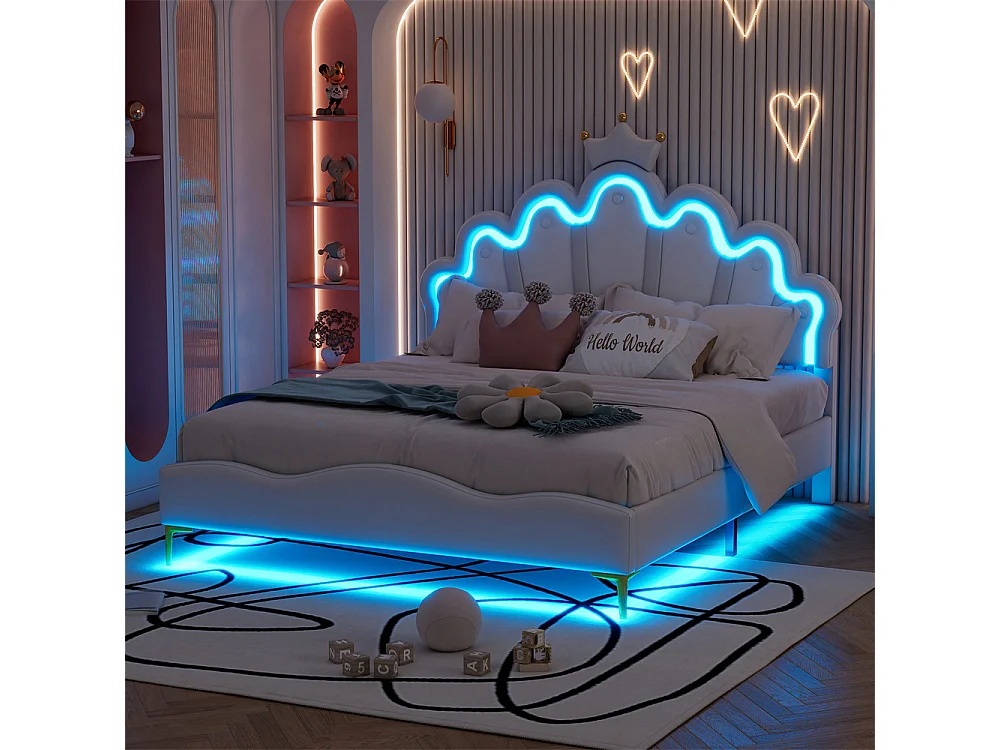 Volwassen bed 140x200 cm bed prinsessenbed in de vorm van een kroon bed met LED sfeerverlichting strips tweepersoonsbed pu wit