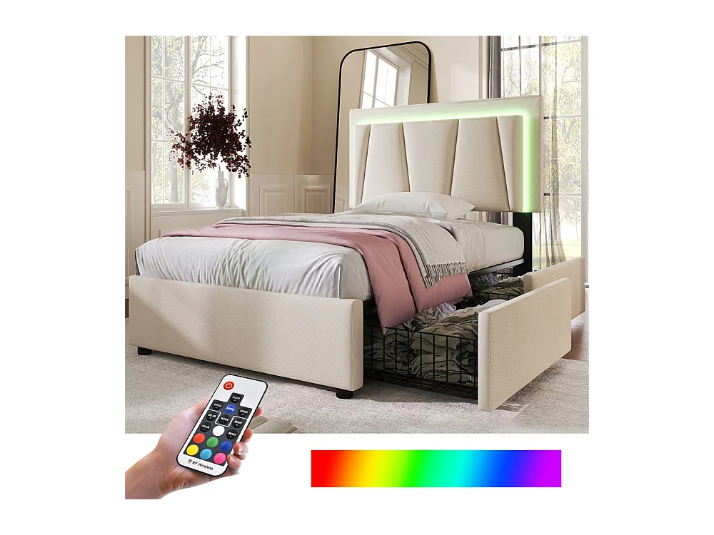 Volwassen bed 90x200 cm gestoffeerd bed led verlichting bed 2 laden bed houten lattenbodem Eenpersoonsbed beige linnen