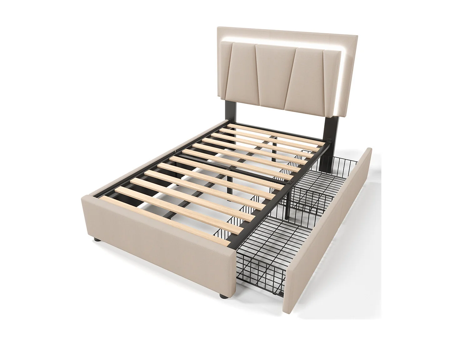 Volwassen bed 90x200 cm gestoffeerd bed led verlichting bed 2 laden bed houten lattenbodem Eenpersoonsbed beige linnen