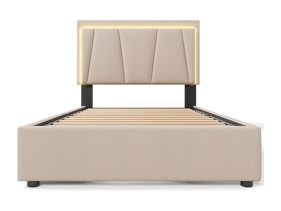 Volwassen bed 90x200 cm gestoffeerd bed led verlichting bed 2 laden bed houten lattenbodem Eenpersoonsbed beige linnen