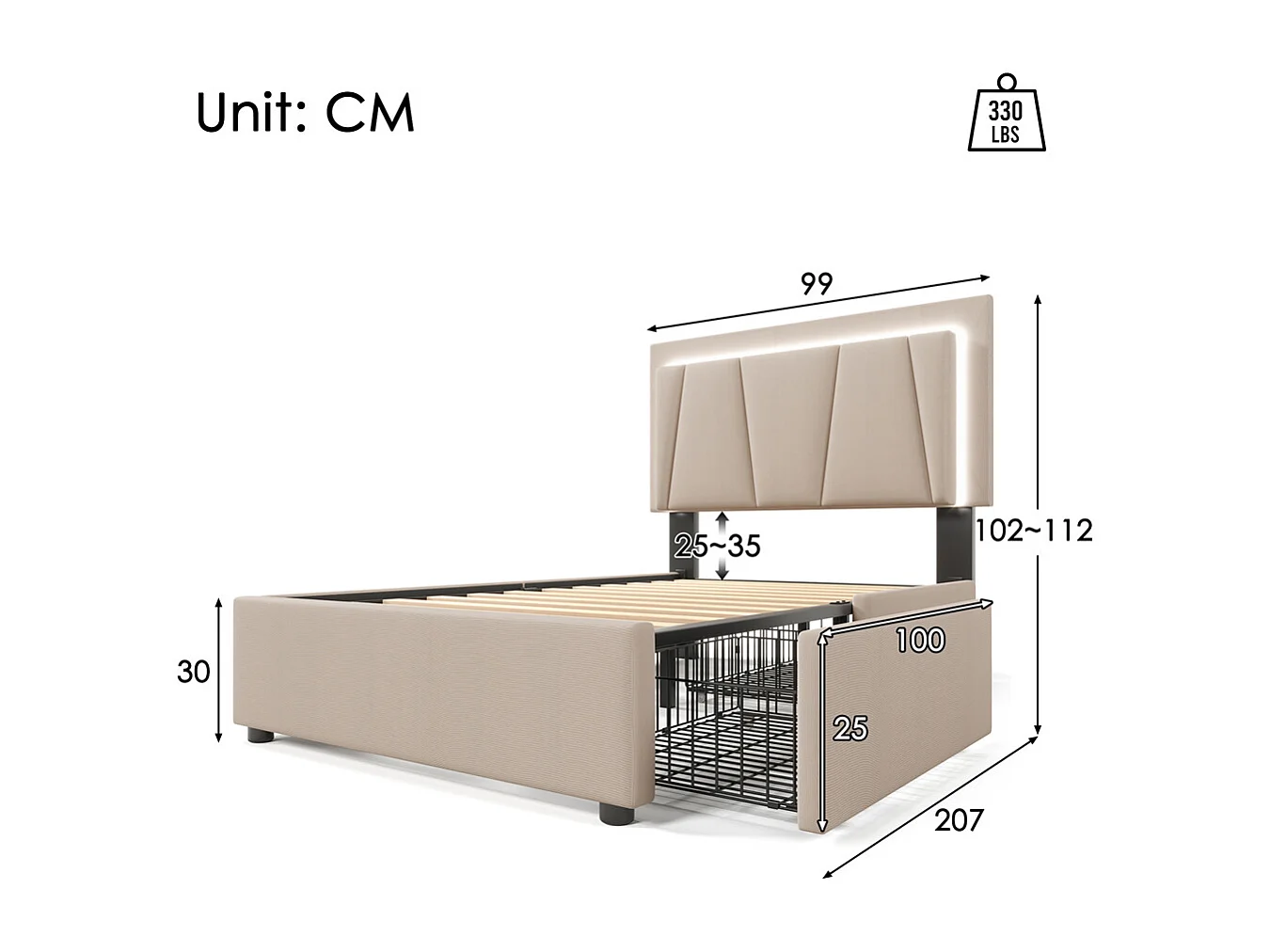 Volwassen bed 90x200 cm gestoffeerd bed led verlichting bed 2 laden bed houten lattenbodem Eenpersoonsbed beige linnen