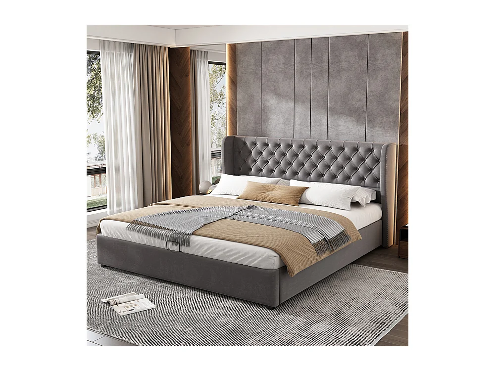 Volwassen bed opbergbed 180x200 cm opbergbed hydraulisch gestoffeerd bed metalen bed tweepersoonsbed grijs fluweel