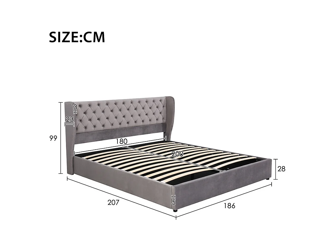 Volwassen bed opbergbed 180x200 cm opbergbed hydraulisch gestoffeerd bed metalen bed tweepersoonsbed grijs fluweel