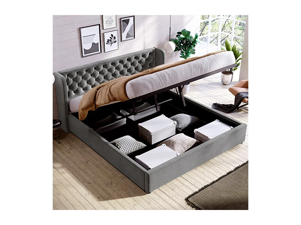 Volwassen bed opbergbed 180x200 cm opbergbed hydraulisch gestoffeerd bed metalen bed tweepersoonsbed grijs fluweel