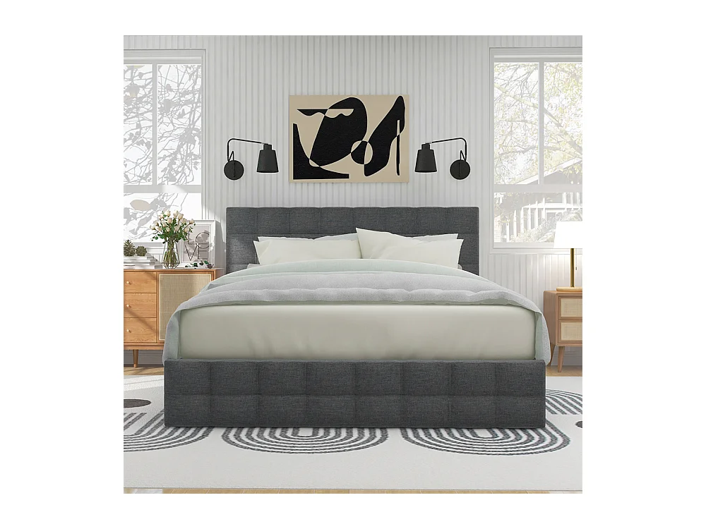 Volwassen bed 140x200 cm gestoffeerd bed met 4 lades lattenbodem bed opbergbed Eenpersoons grijs linnen