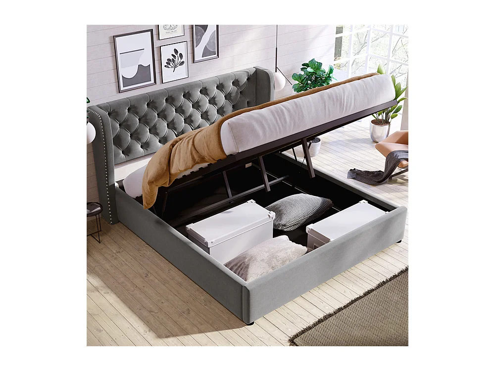 Volwassen bed opbergbed 140x200 cm opbergbed hydraulisch gestoffeerd bed metalen bed tweepersoonsbed grijs fluweel