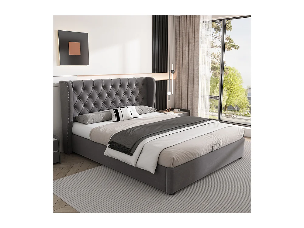 Volwassen bed opbergbed 140x200 cm opbergbed hydraulisch gestoffeerd bed metalen bed tweepersoonsbed grijs fluweel