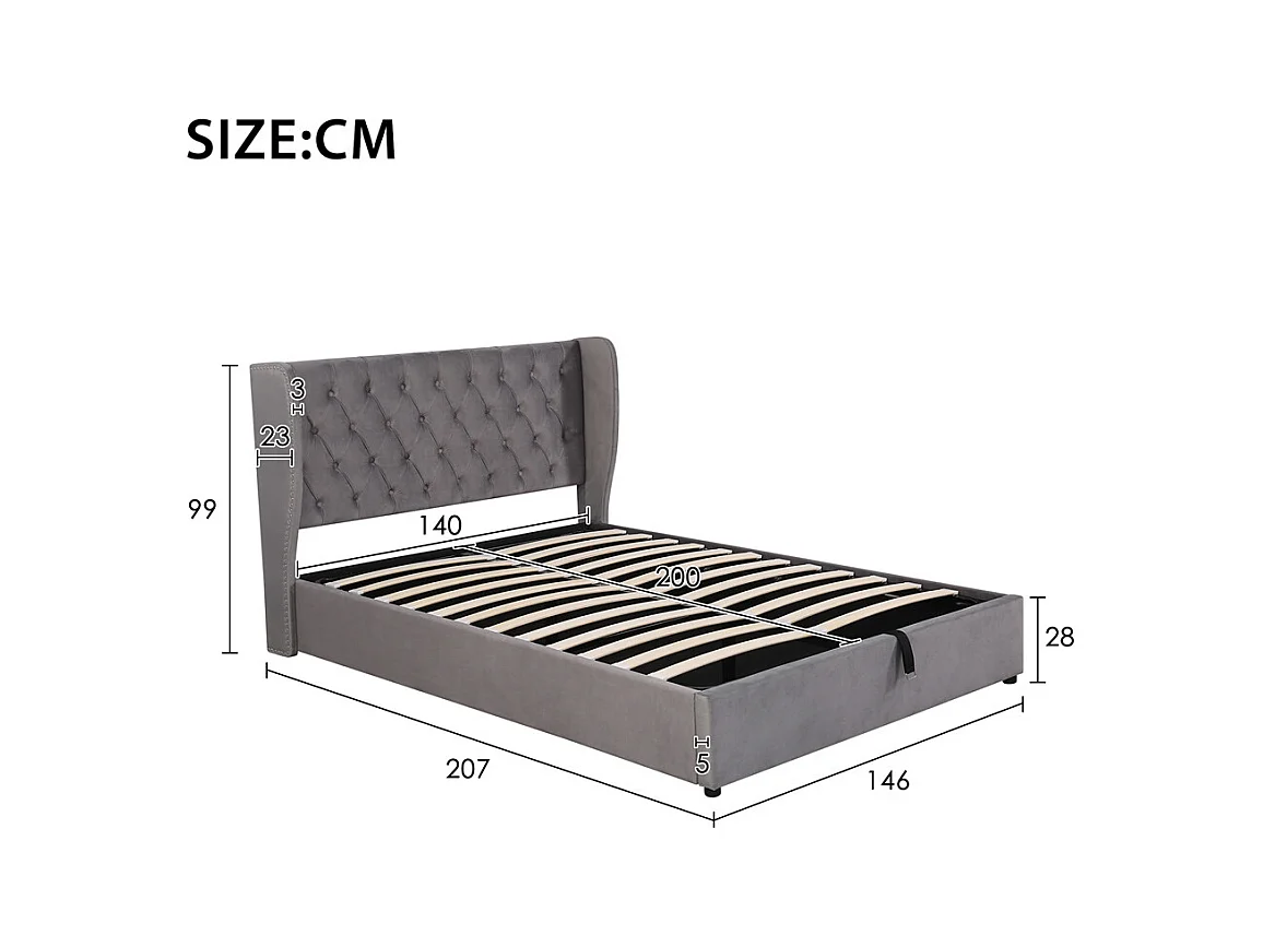 Volwassen bed opbergbed 140x200 cm opbergbed hydraulisch gestoffeerd bed metalen bed tweepersoonsbed grijs fluweel