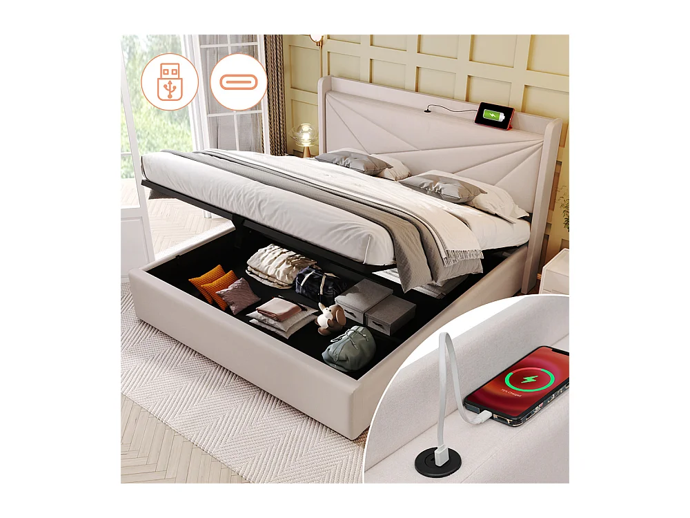 Gestoffeerd bed met opbergruimte 140x200 cm opbergbed hoofdeinde met USB type C oplaadfunctie tweepersoonsbed katoen linnen beige