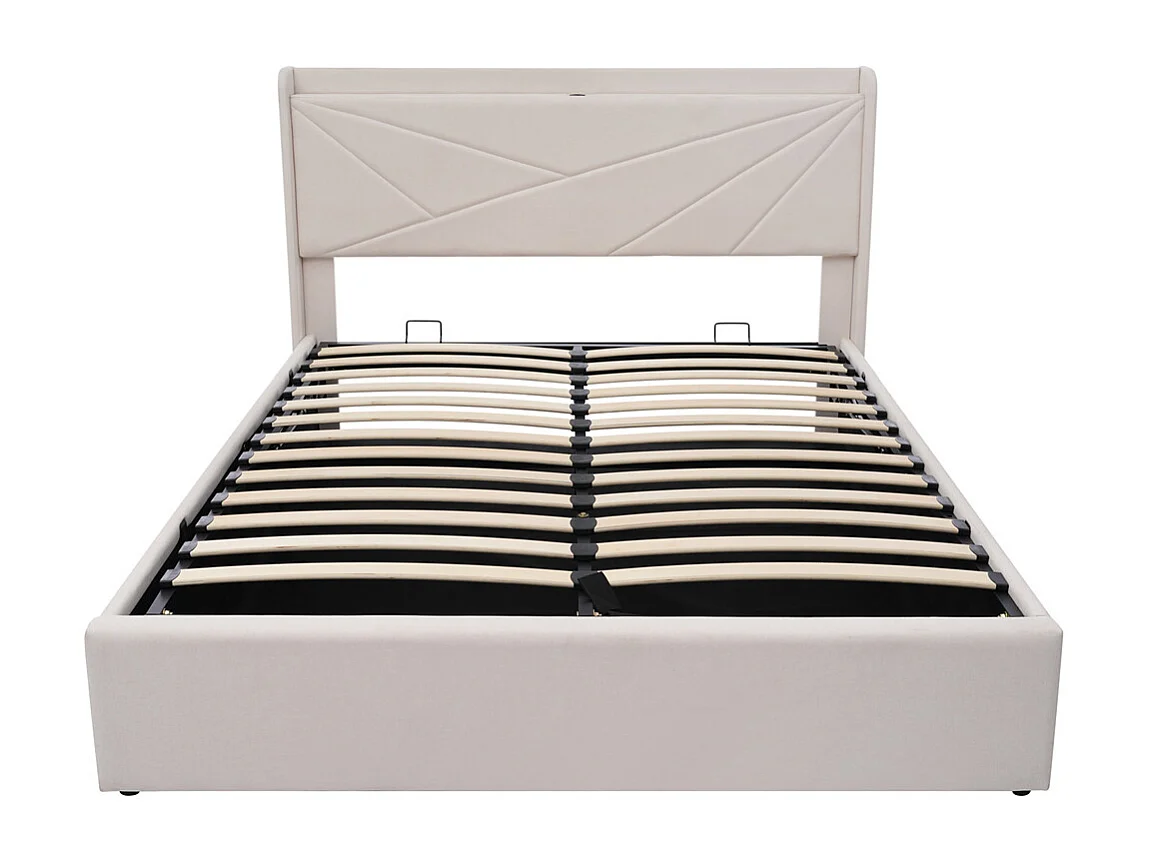 Gestoffeerd bed met opbergruimte 140x200 cm opbergbed hoofdeinde met USB type C oplaadfunctie tweepersoonsbed katoen linnen beige