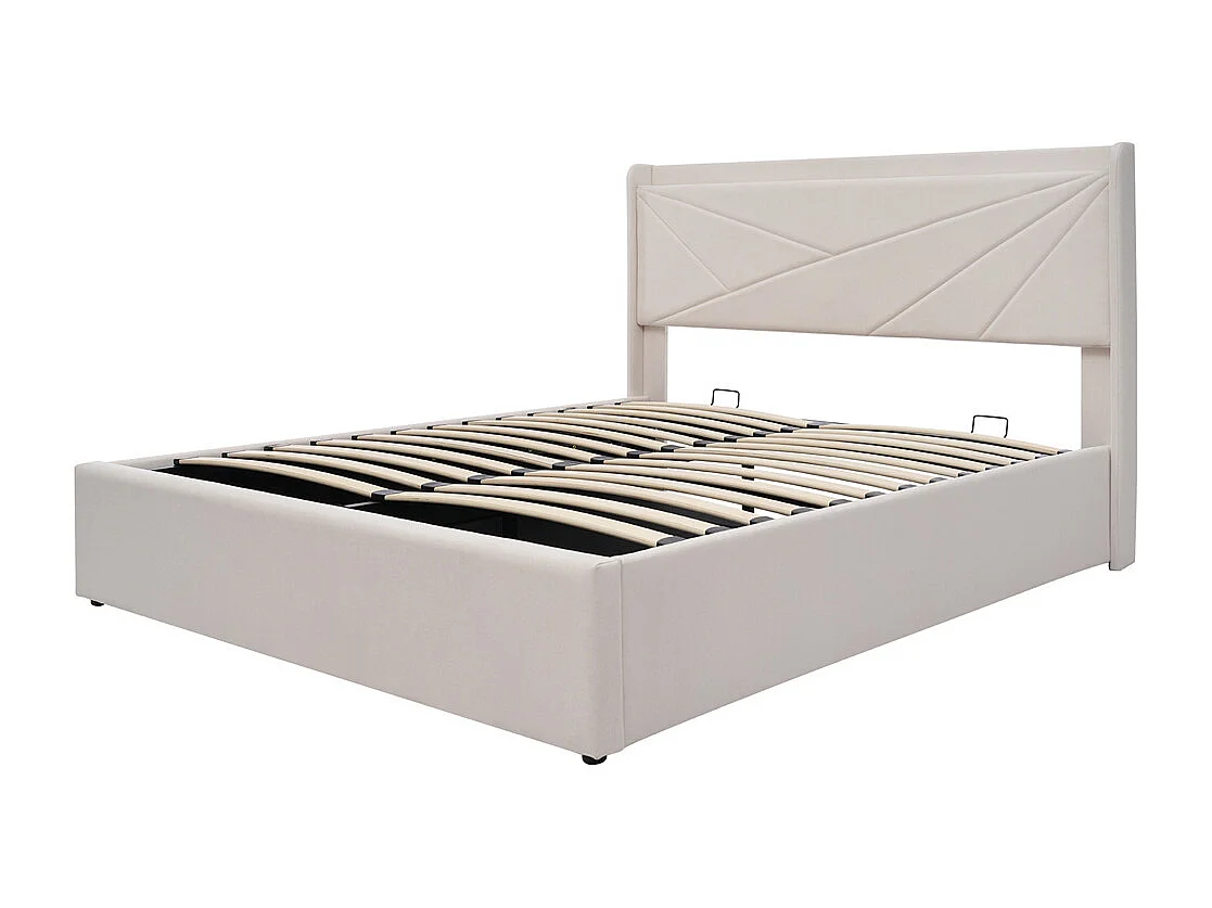 Gestoffeerd bed met opbergruimte 140x200 cm opbergbed hoofdeinde met USB type C oplaadfunctie tweepersoonsbed katoen linnen beige