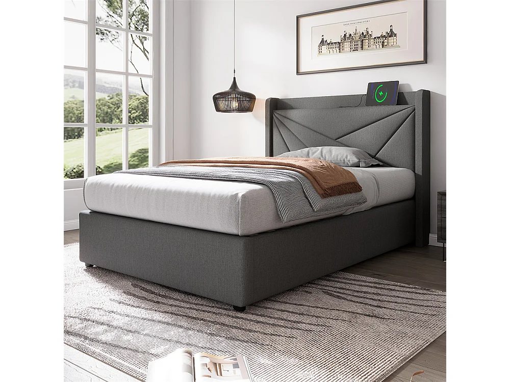 Gestoffeerd bed 90x200cm, eenpersoonsbed, bed met opbergruimte en USB Type C oplaadfunctie Hoofdbord en lattenbodem, linnen, grijs