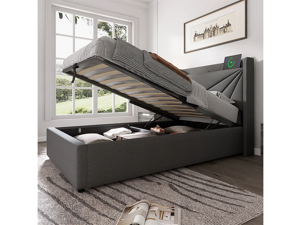 Gestoffeerd bed 90x200cm, eenpersoonsbed, bed met opbergruimte en USB Type C oplaadfunctie Hoofdbord en lattenbodem, linnen, grijs