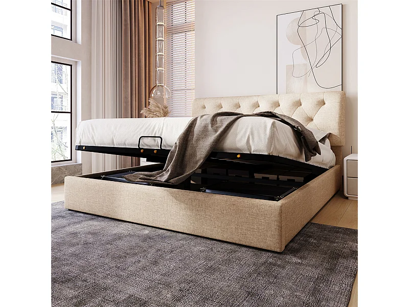 Volwassen bed opbergbed 140x200 cm opbergbed hydraulisch gestoffeerd bed metalen bed tweepersoonsbed lichtgrijs linnen