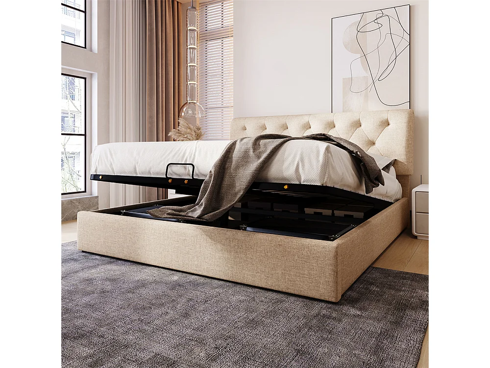 Volwassen bed opbergbed 140x200 cm opbergbed hydraulisch gestoffeerd bed metalen bed tweepersoonsbed lichtgrijs linnen