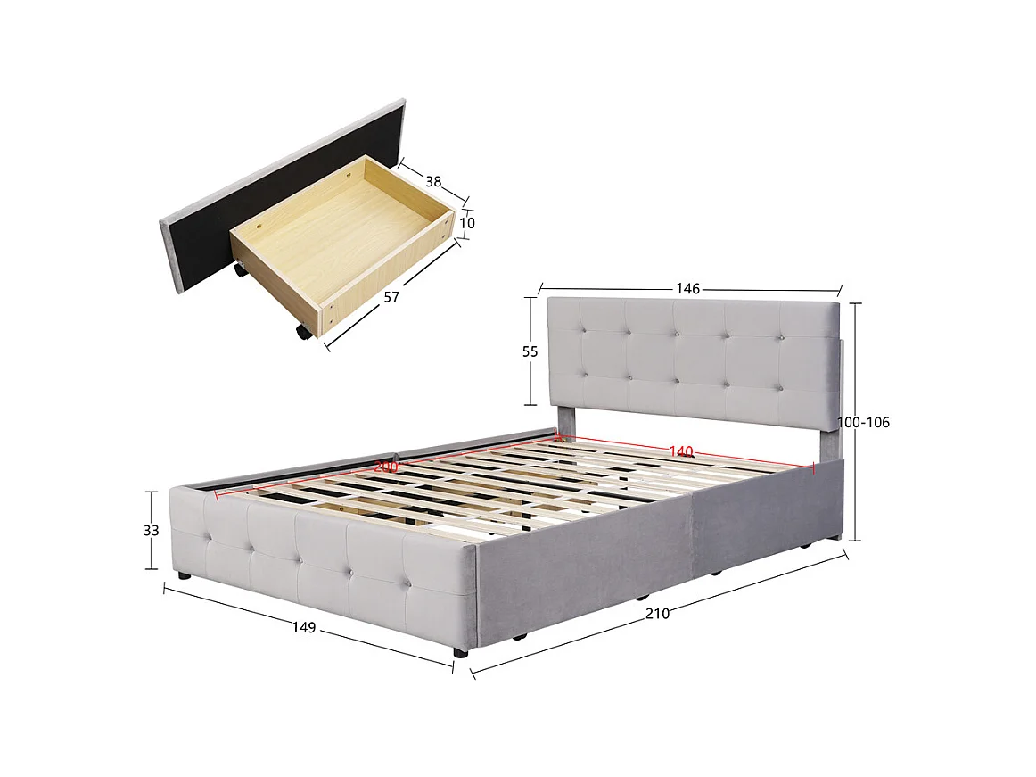 Lit adulte lit 140x200 cm lit rembourré avec tiroirs et sommier à lattes lit double velours gris