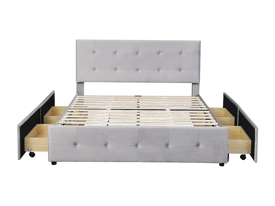 Lit adulte lit 140x200 cm lit rembourré avec tiroirs et sommier à lattes lit double velours gris