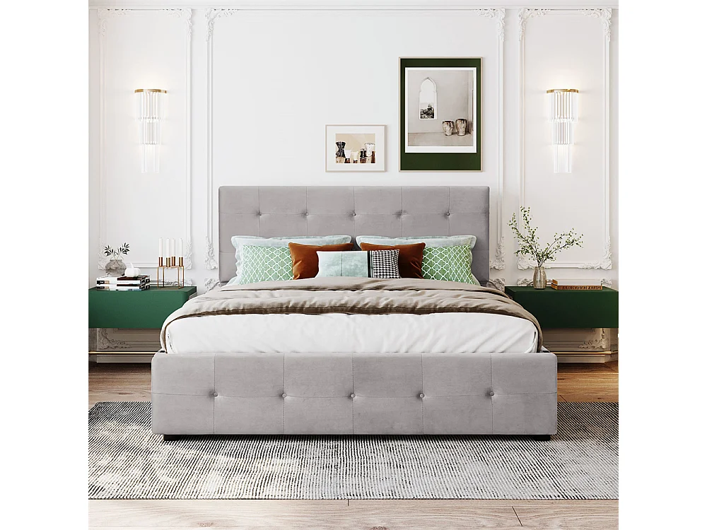 Lit adulte lit 140x200 cm lit rembourré avec tiroirs et sommier à lattes lit double velours gris